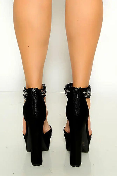 Black Ankle Strap Peep Toe Platform Chunky High Heels - AMIClubwear