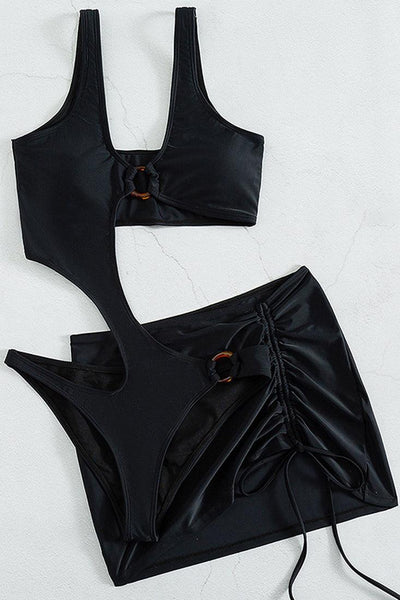 Black Asymmetric O-Ring Ruched Cover Up 2 Pc Bikini Set - AMIClubwear