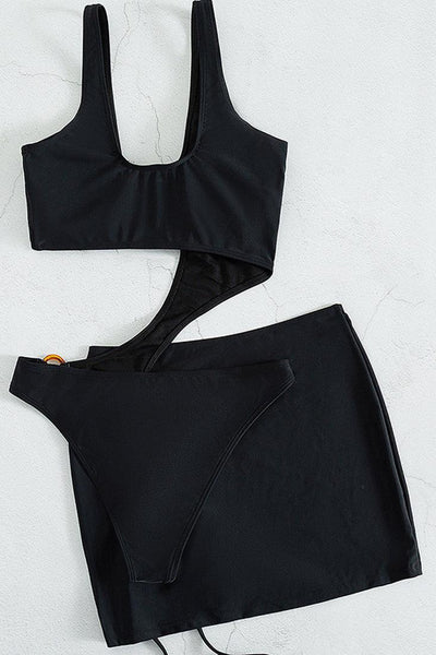 Black Asymmetric O-Ring Ruched Cover Up 2 Pc Bikini Set - AMIClubwear