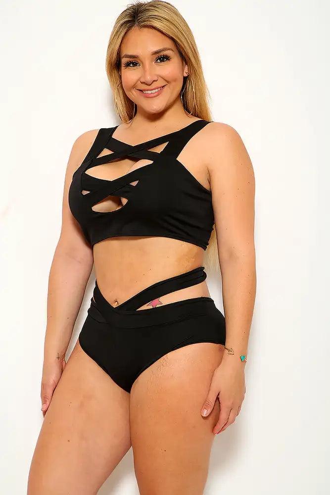 Black Bandage Strappy High Waist Plus Size Two Piece Swimsuit - AMIClubwear