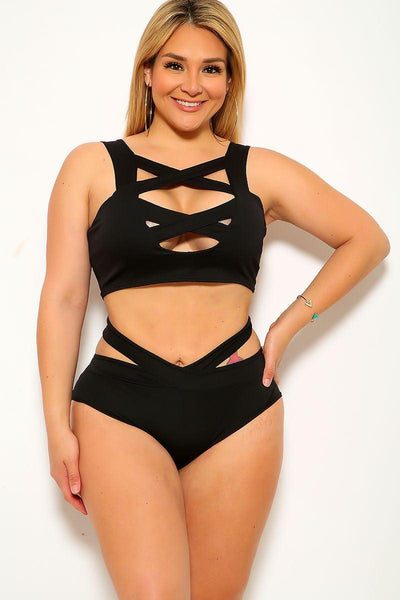 Black Bandage Strappy High Waist Plus Size Two Piece Swimsuit - AMIClubwear