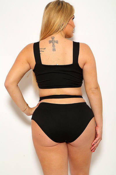 Black Bandage Strappy High Waist Plus Size Two Piece Swimsuit - AMIClubwear