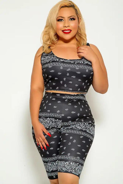 Black Bandana Print Plus Size Two Piece Outfit - AMIClubwear