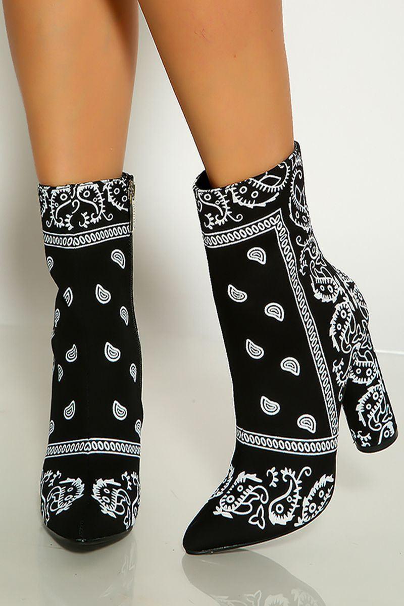 Black Bandana Print Pointy Toe Chunky Heel Booties - AMIClubwear