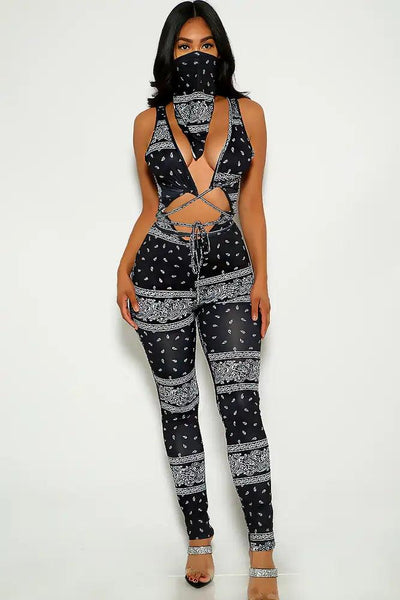 Black Bandana Print Strappy Jumpsuit - AMIClubwear