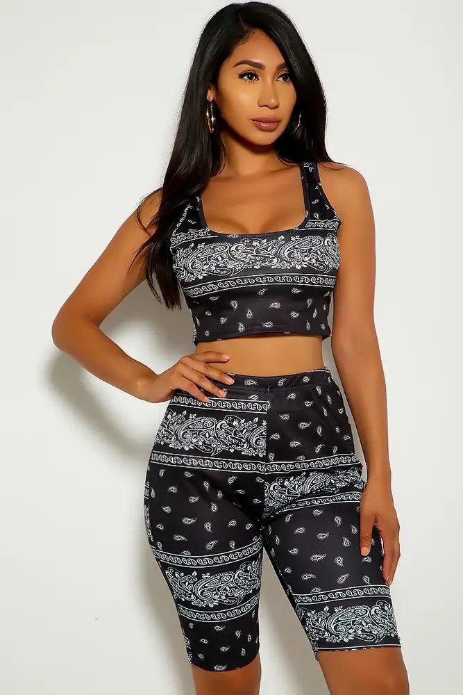 Black Bandana Print Two Piece Fitted Outfit - AMIClubwear