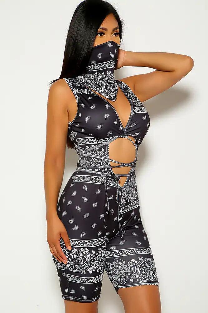 Black Bandanna Print Two Piece Romper - AMIClubwear