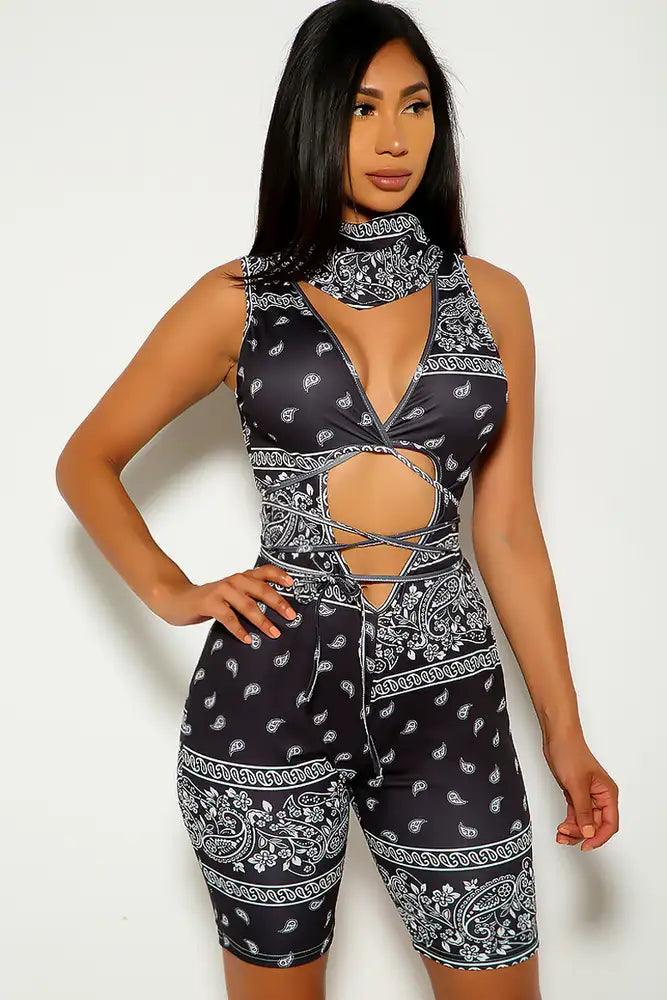 Black Bandanna Print Two Piece Romper - AMIClubwear