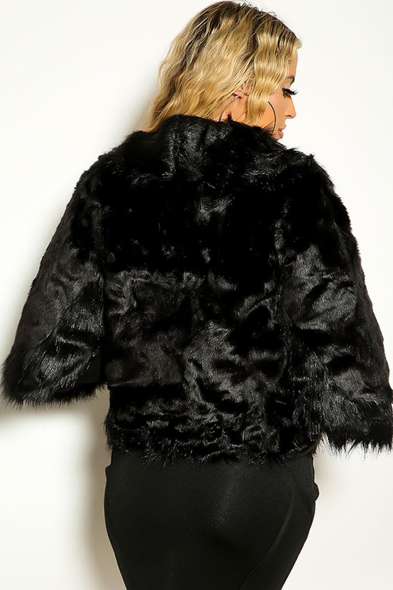 Black Batwing Sleeve Faux Fur Cape Overcoat - AMIClubwear