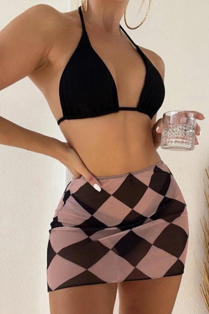 Black Beige Checkered Print Sexy Three Piece Swimsuit - AMIClubwear