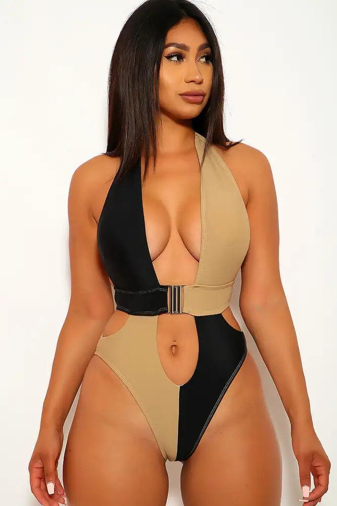 Black Beige Cut Out One Piece Swimsuit - AMIClubwear