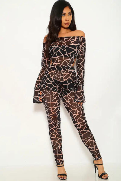 Black Beige Geometric Print Jumpsuit - AMIClubwear