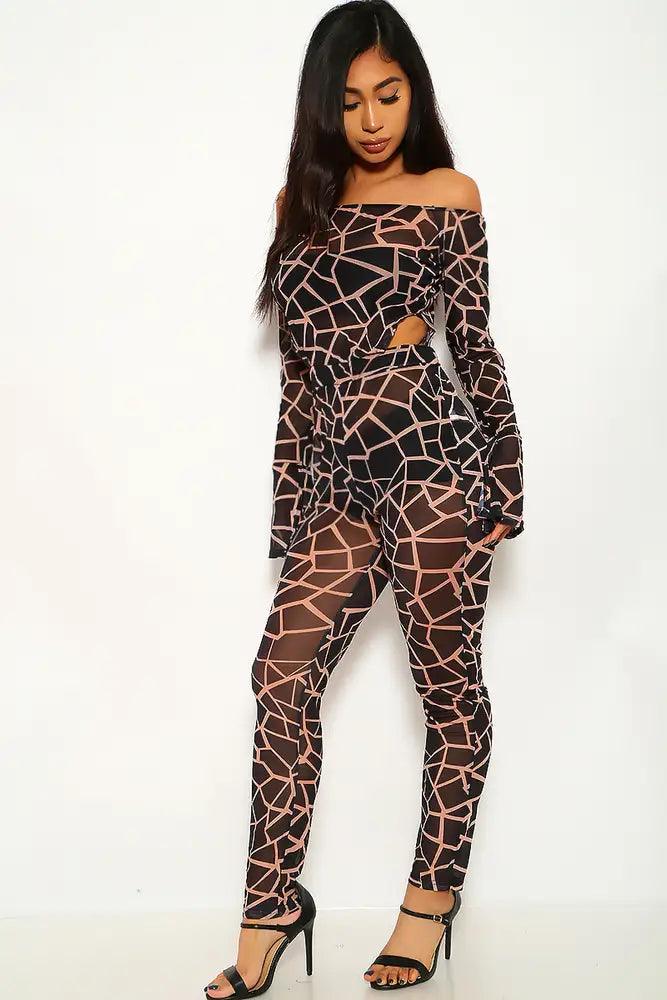 Black Beige Geometric Print Jumpsuit - AMIClubwear