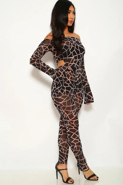 Black Beige Geometric Print Jumpsuit - AMIClubwear