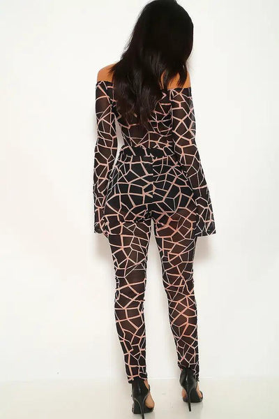 Black Beige Geometric Print Jumpsuit - AMIClubwear