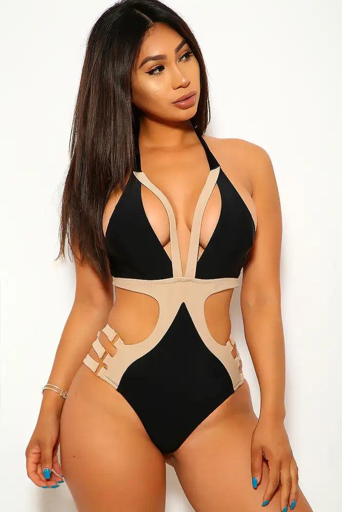 Black Beige Halter Strappy Monokini - AMIClubwear