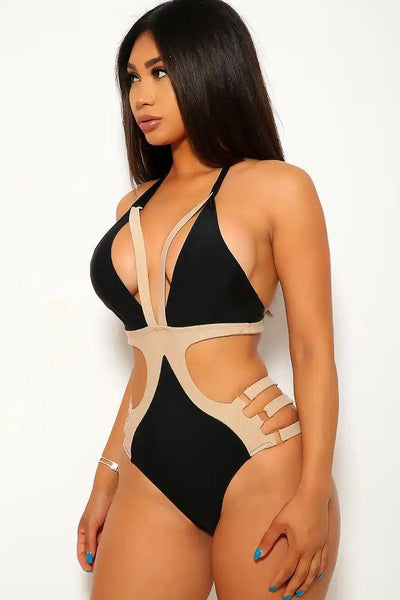 Black Beige Halter Strappy Monokini - AMIClubwear