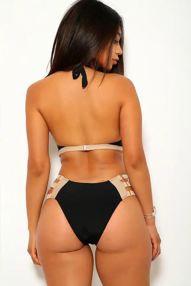 Black Beige Halter Strappy Monokini - AMIClubwear