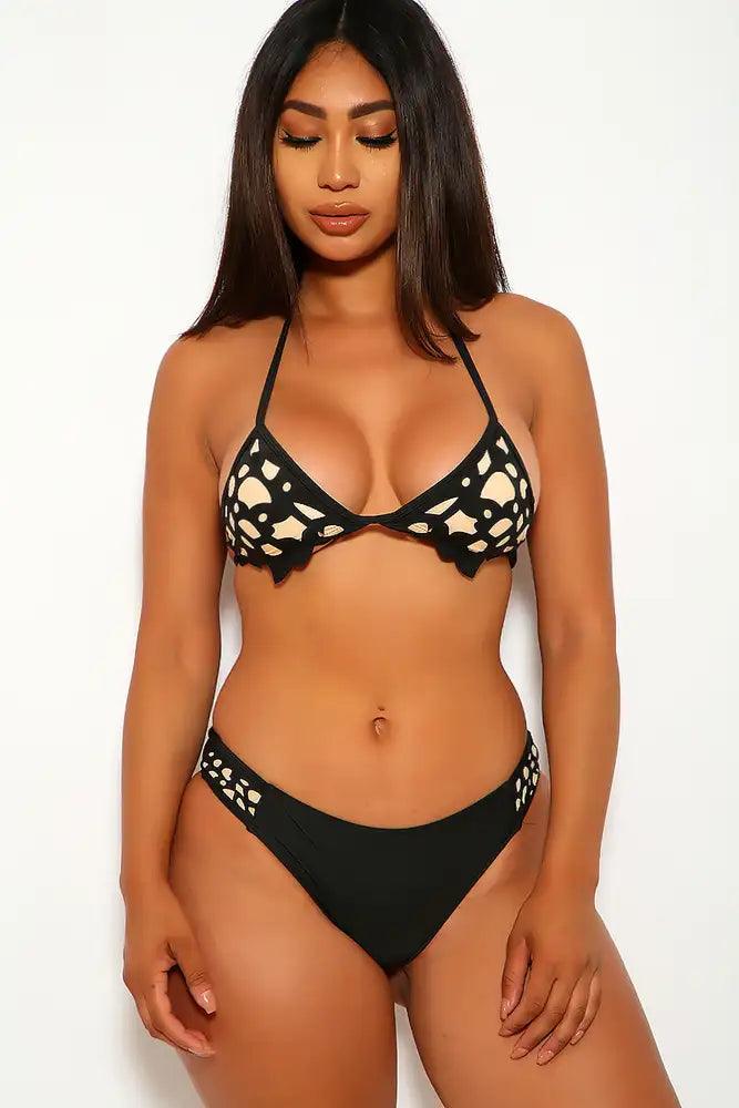 Black Beige Perforated Halter Two Piece Swimsuit - AMIClubwear