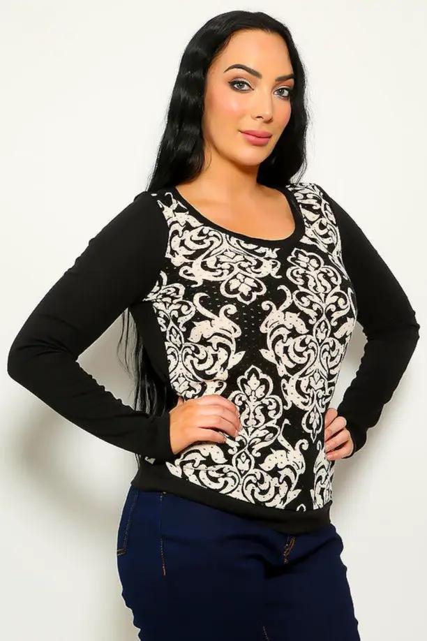 Black Beige Round Neckline Long Sleeve Sweater