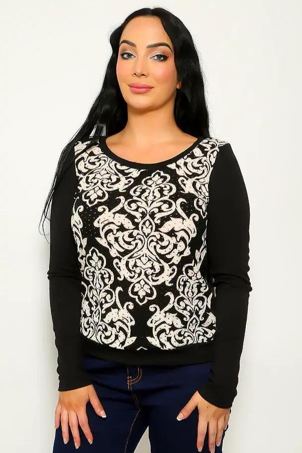 Black Beige Round Neckline Long Sleeve Sweater