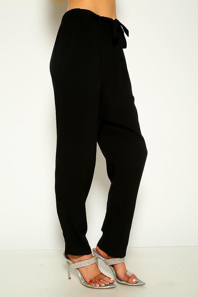 Black Belted Elastic Waist Casual Pants - AMIClubwear