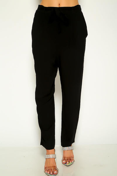 Black Belted Elastic Waist Casual Pants - AMIClubwear