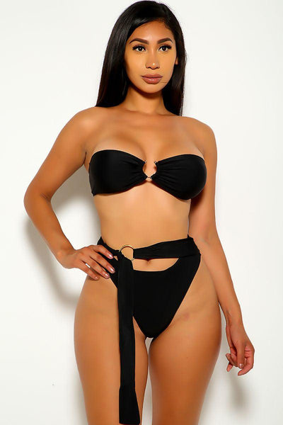 Black Belted O-Ring Accent Two Piece Swimsuit - AMIClubwear