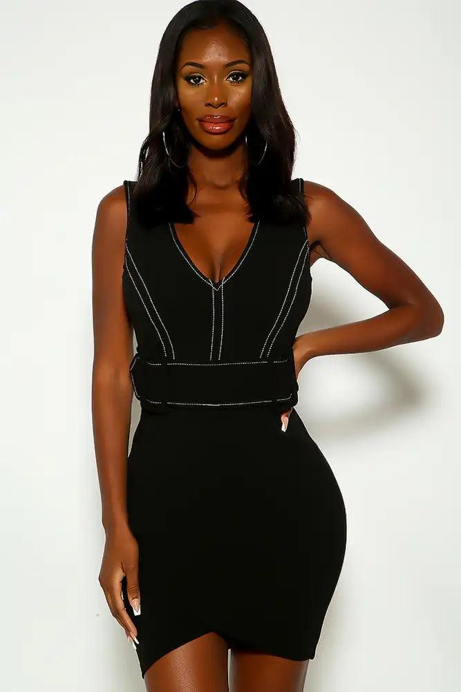 Black Belted Stitched detail Sleeveless Party Dress - AMIClubwear