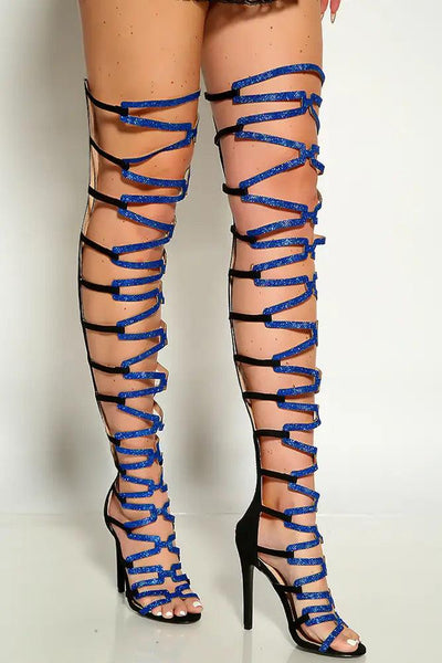 Black Blue Glitter Open Toe Gladiator High Heels - AMIClubwear