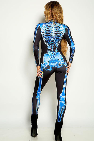 Black Blue Long Sleeve Skeleton Fitted One Piece Costume - AMIClubwear