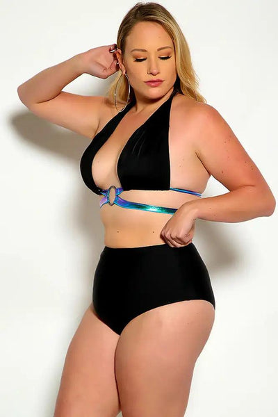Black Blue Purple Halter O-Ring Strappy Plus Size Two Piece Swimsuit - AMIClubwear