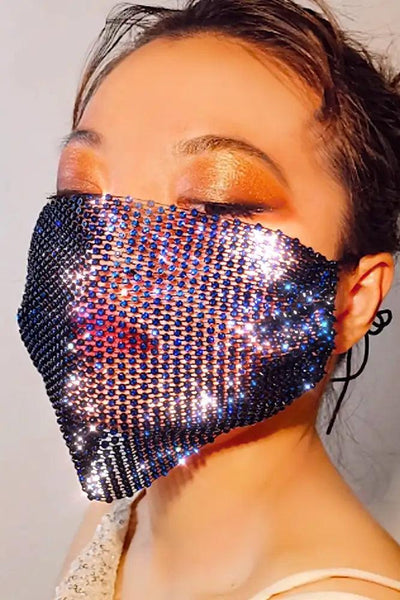 Black Blue Rhinestones Face Mask - AMIClubwear