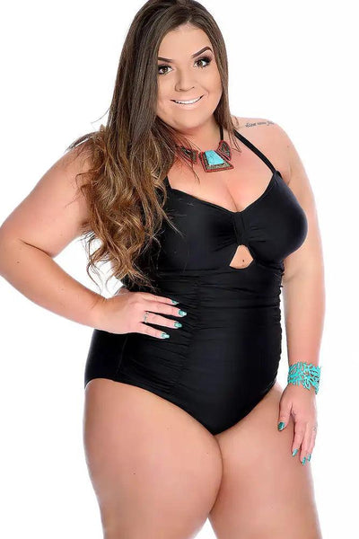 Black Bold Halter Strap Ruched Sweetheart Cutout Center One Piece Swimsuit Plus - AMIClubwear