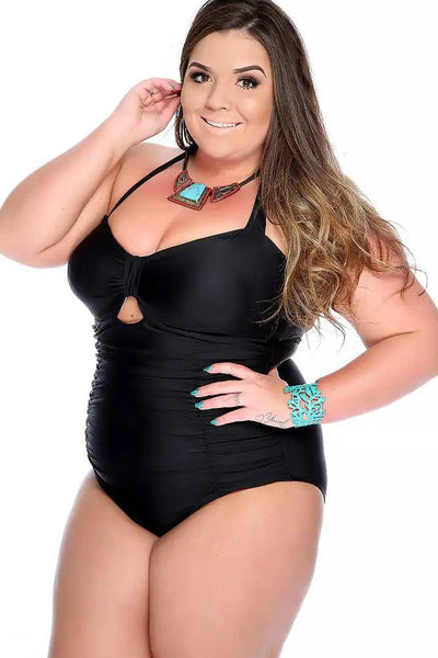 Black Bold Halter Strap Ruched Sweetheart Cutout Center One Piece Swimsuit Plus - AMIClubwear