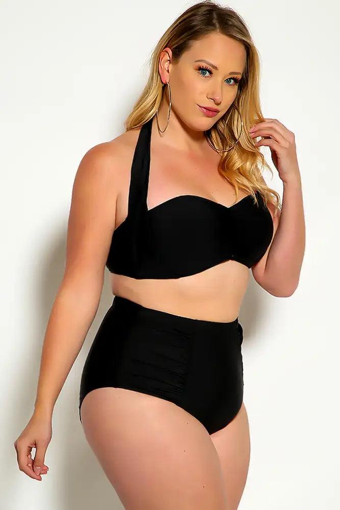 Black Bold Halter Top Ruched High Waist Two Piece Swimsuit Plus - AMIClubwear