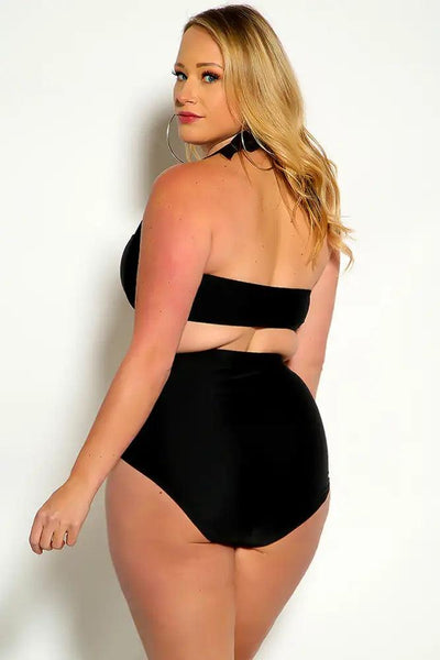 Black Bold Halter Top Ruched High Waist Two Piece Swimsuit Plus - AMIClubwear