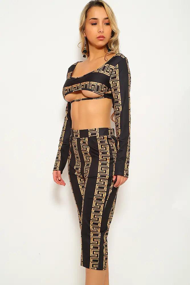Black Brown Ethnic Print Two Piece Outfit - AMIClubwear