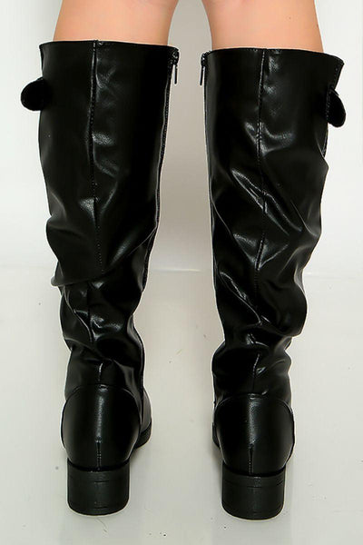 Black Buckled Flat Boots Faux Leather - AMIClubwear