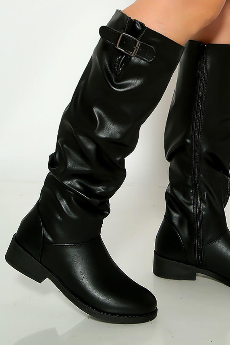 Black Buckled Flat Boots Faux Leather - AMIClubwear