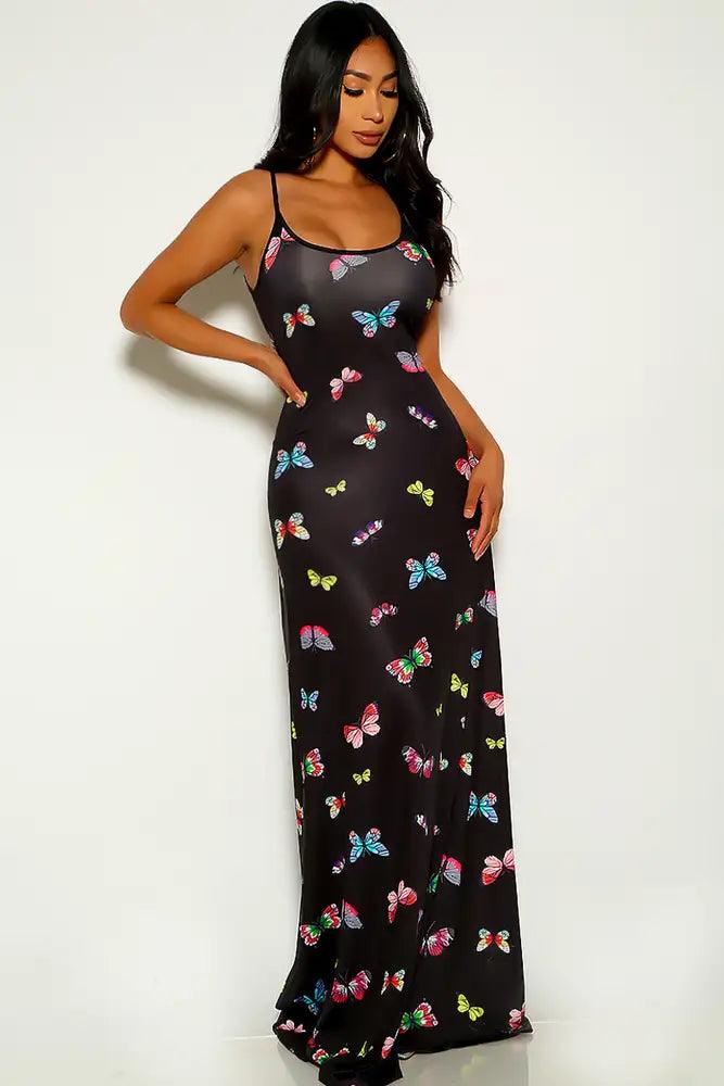 Black Butterfly Print Sleeveless Maxi Dress - AMIClubwear