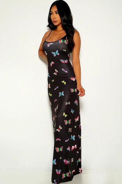 Black Butterfly Print Sleeveless Maxi Dress - AMIClubwear