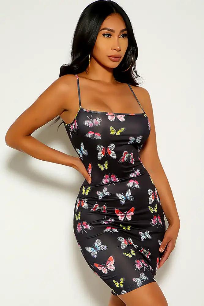 Black Butterfly Print Sleeveless Party Dress - AMIClubwear