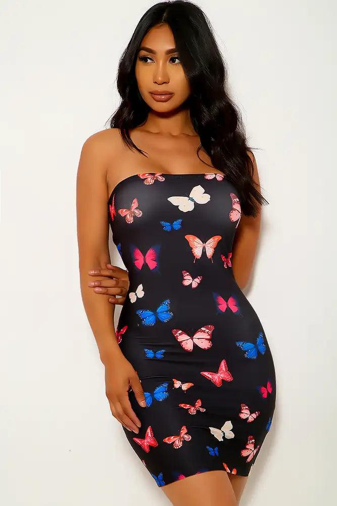 Black Butterfly Print Strapless Party Dress - AMIClubwear