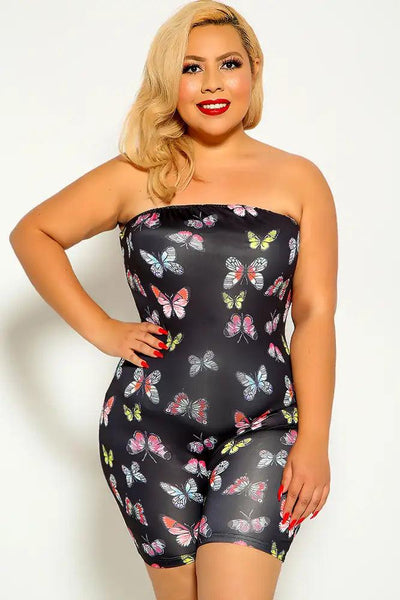 Black Butterfly Print Strapless Plus Size Romper - AMIClubwear