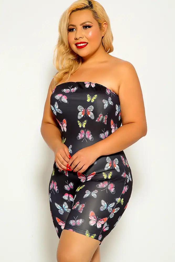 Black Butterfly Print Strapless Plus Size Romper - AMIClubwear