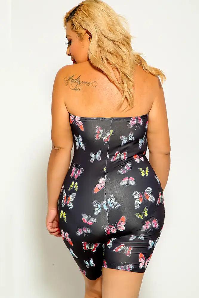 Black Butterfly Print Strapless Plus Size Romper - AMIClubwear