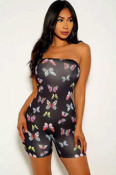 Black Butterfly Print Strapless Romper - AMIClubwear