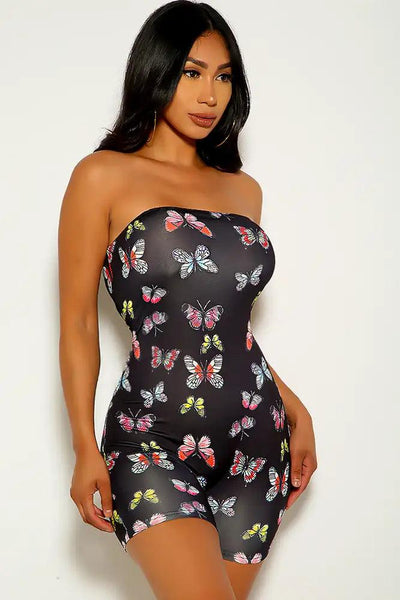 Black Butterfly Print Strapless Romper - AMIClubwear