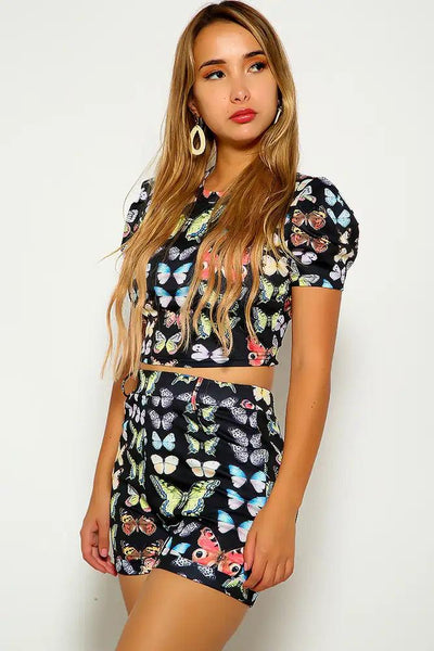 Black Butterfly Print Two Piece Outfit - AMIClubwear